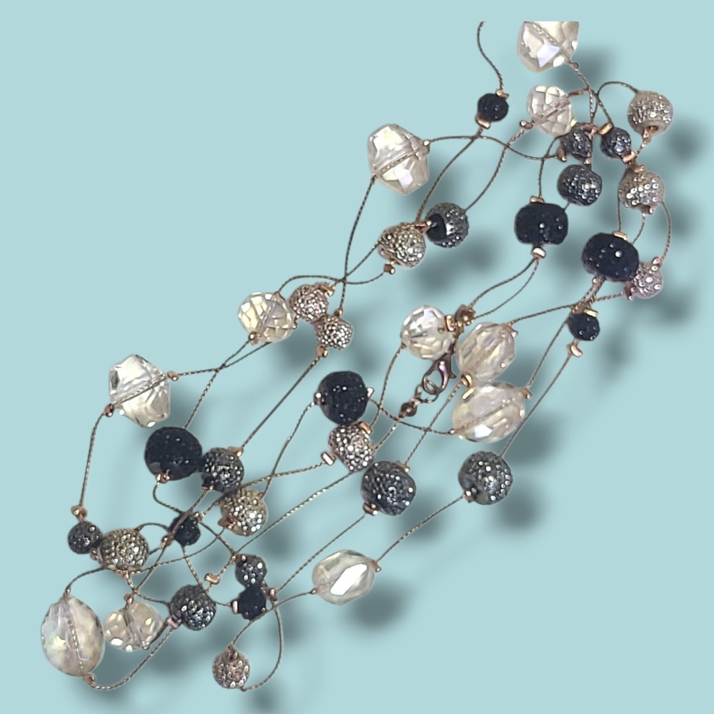 60" Rose Gold Tone Station Necklace‎ Black White Gray Crystal Bead Long Layering